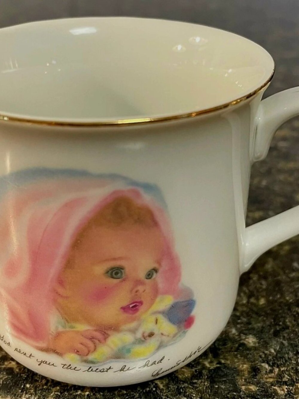 Vintage 1984 porcelain w/gold Baby Girl's first gift cup by Roman~ like new gift